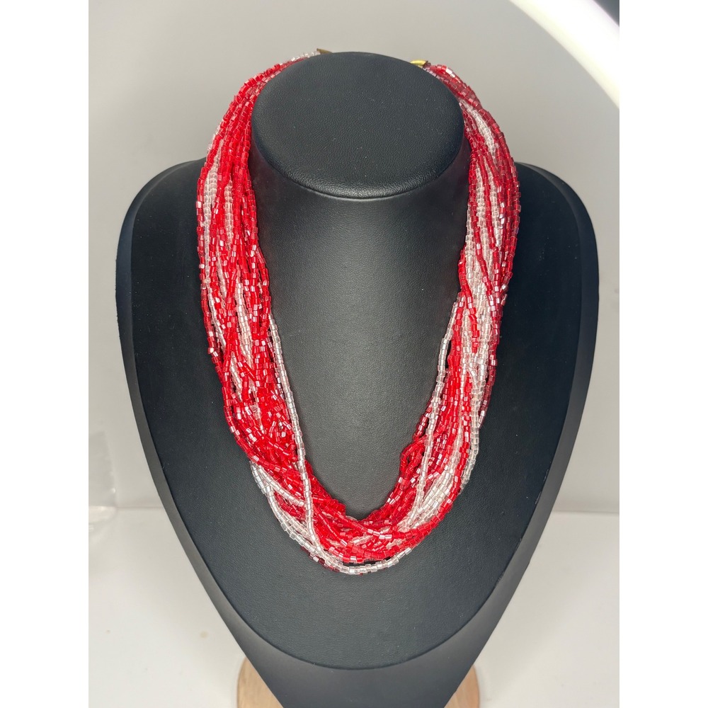 Vintage 1980s Necklace Red and Clear Seed Bead Multi-Strand Barrel Clasp